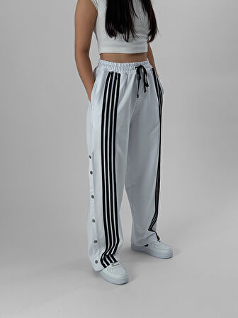 Kadın Şeritli Beyaz Baggy Pantolon COC1081
