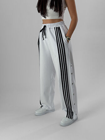 Kadın Şeritli Beyaz Baggy Pantolon COC1081
