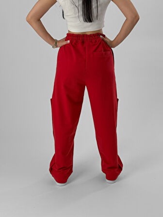Kadın Şeritli Kırmızı Baggy Pantolon COC1080