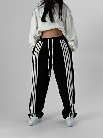 Kadın Şeritli Siyah Baggy Pantolon COC1078