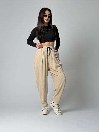 Bej Pileli Kadın Jogger Pantolon COC2561