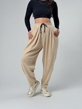 Bej Pileli Kadın Jogger Pantolon COC2561