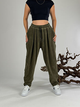 Yeşil Kadife Pileli Kadın Jogger Pantolon COC1058