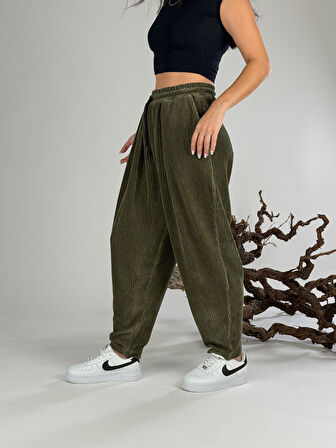 Yeşil Kadife Pileli Kadın Jogger Pantolon COC1058