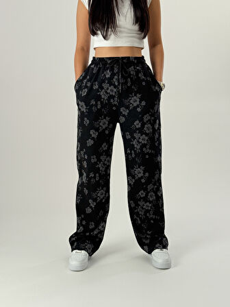 Tasarım Çiçek Baskı Kadın Baggy Pantolon COC1050