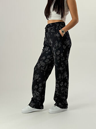 Tasarım Çiçek Baskı Kadın Baggy Pantolon COC1050