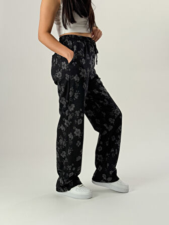Tasarım Çiçek Baskı Kadın Baggy Pantolon COC1050