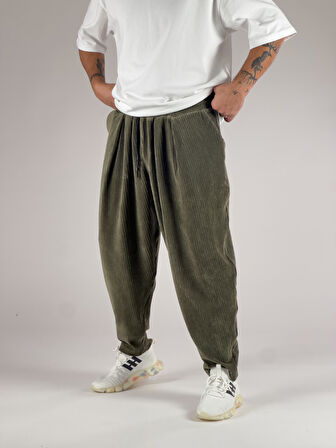 Haki Kadife Pileli Yarım Şalvar COC1033