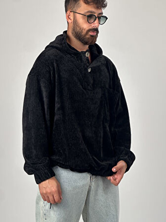 Kadife Dokulu Siyah Oversize Kapüşonlu Erkek Sweatshirt COC1038
