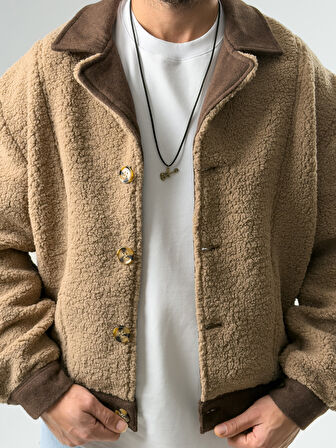 Erkek Kaşe Detaylı Kahverengi Peluş Hırka COC2578