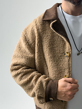 Erkek Kaşe Detaylı Kahverengi Peluş Hırka COC2578