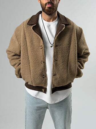 Erkek Kaşe Detaylı Kahverengi Peluş Hırka COC2578