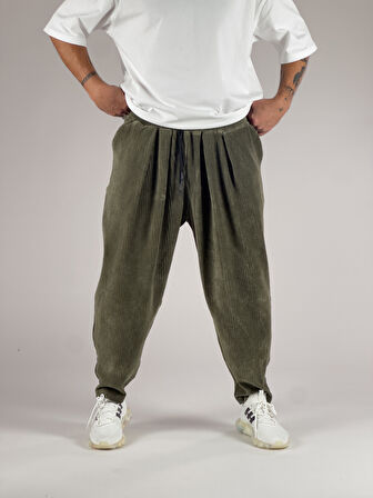 Haki Kadife Pileli Yarım Şalvar COC1033