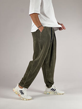 Haki Kadife Pileli Yarım Şalvar COC1033