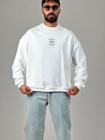 Etnik Desenli Tasarım Erkek Beyaz Sweatshirt COC1030