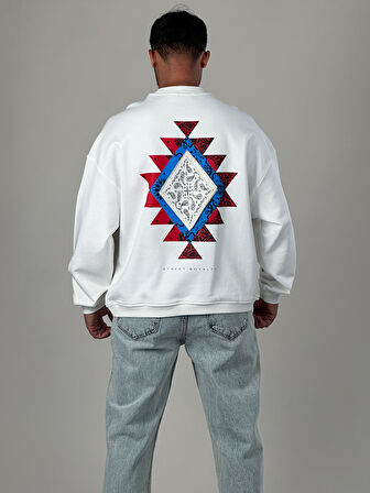 Etnik Desenli Tasarım Erkek Beyaz Sweatshirt COC1030