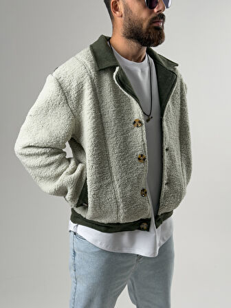 Erkek Kaşe Detaylı Yeşil Peluş Hırka COC2587