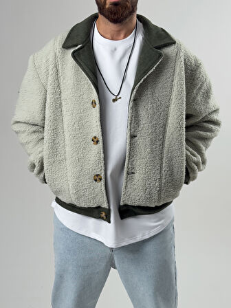 Erkek Kaşe Detaylı Yeşil Peluş Hırka COC2587