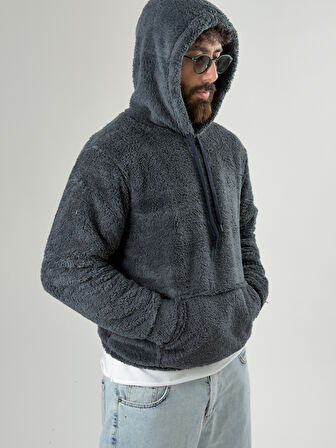 Erkek Kapüşonlu Antrasit Peluş Sweat COC2590