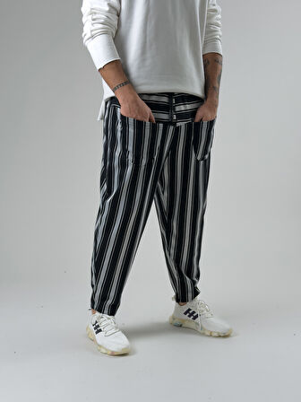Ön Cep Detaylı Siyah Beyaz Erkek Baget Pantolon COC2600