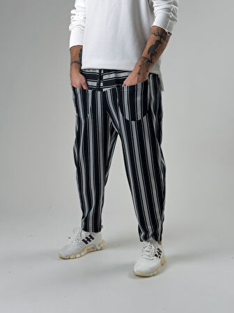 Ön Cep Detaylı Siyah Beyaz Erkek Baget Pantolon COC2600