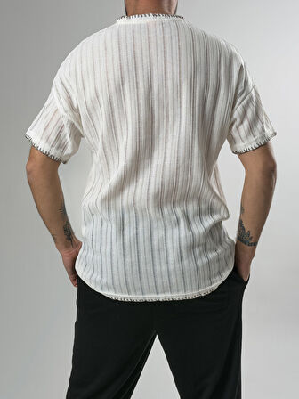 Yaka İp Detaylı Tasarım Erkek Ekru T-Shirt COC2610