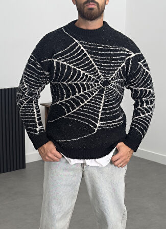 Örümcek Ağı Desenli Siyah Erkek Peluş Sweatshirt COC1200