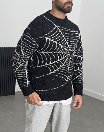 Örümcek Ağı Desenli Siyah Erkek Peluş Sweatshirt COC1200