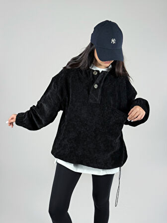 Kadife Dokulu Siyah Oversize Kapüşonlu Kadın Sweatshirt COC1186