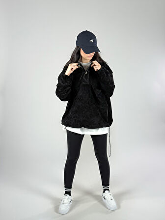 Kadife Dokulu Siyah Oversize Kapüşonlu Kadın Sweatshirt COC1186