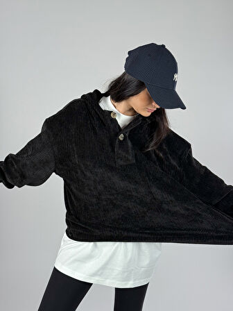 Kadife Dokulu Siyah Oversize Kapüşonlu Kadın Sweatshirt COC1186
