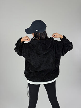 Kadife Dokulu Siyah Oversize Kapüşonlu Kadın Sweatshirt COC1186