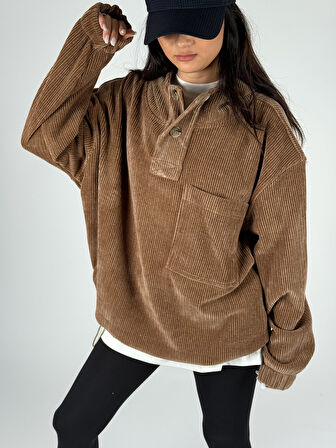 Kadife Dokulu Kahve Oversize Kapüşonlu Kadın Sweatshirt COC1185