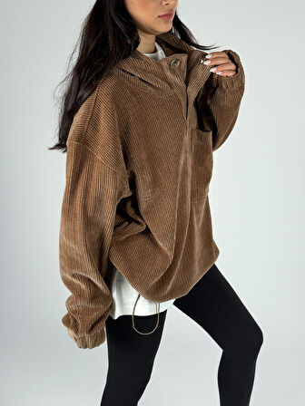 Kadife Dokulu Kahve Oversize Kapüşonlu Kadın Sweatshirt COC1185