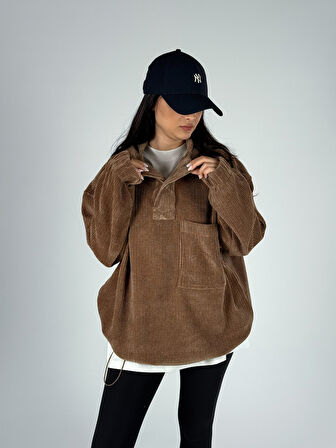 Kadife Dokulu Kahve Oversize Kapüşonlu Kadın Sweatshirt COC1185