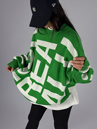 Bold Print Oversize Kadın Yeşil Sweat COC1181