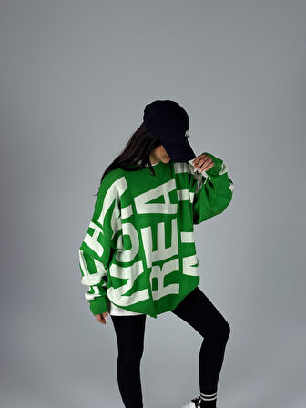 Bold Print Oversize Kadın Yeşil Sweat COC1181