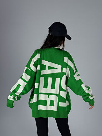 Bold Print Oversize Kadın Yeşil Sweat COC1181