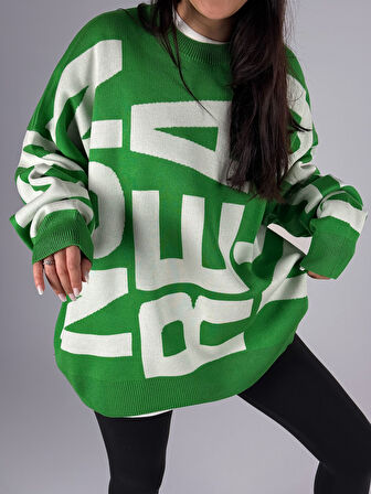 Bold Print Oversize Kadın Yeşil Sweat COC1181