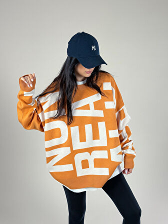 Bold Print Oversize Kadın Turuncu Sweat COC1180
