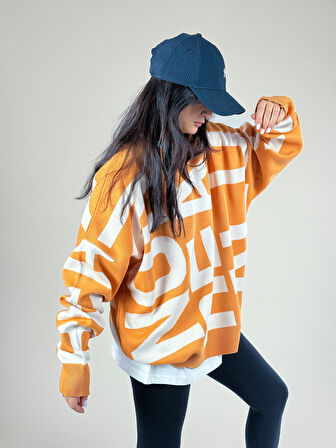 Bold Print Oversize Kadın Turuncu Sweat COC1180