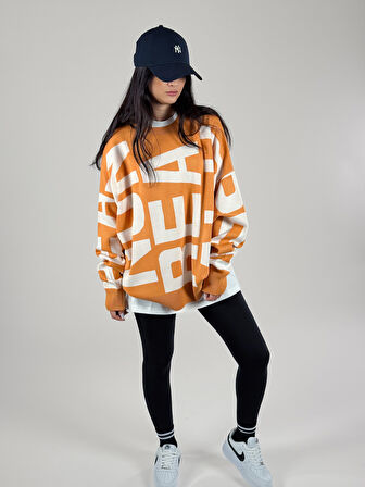 Bold Print Oversize Kadın Turuncu Sweat COC1180