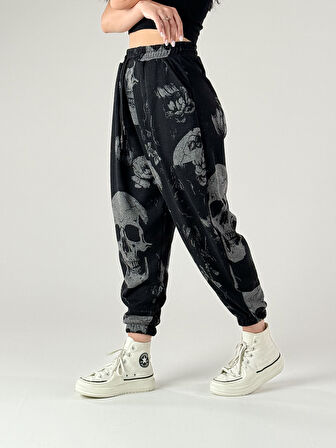 Kurukafa Desenli Kadın Pileli Jogger Pantolon COC1174