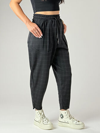 Cep Detaylı İnce Ekose Kadın Baget Pantolon COC1172