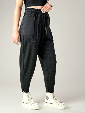 Cep Detaylı İnce Ekose Kadın Baget Pantolon COC1172