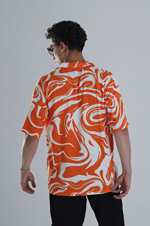 Erkek Turuncu Dalga Desenli Hawai Gömlek COC1168