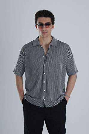 Erkek Siyah Beyaz Çizgili Casual Gömlek COC1163