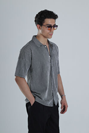 Erkek Siyah Beyaz Çizgili Casual Gömlek COC1163