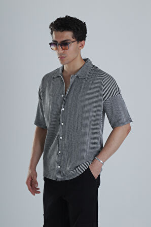 Erkek Siyah Beyaz Çizgili Casual Gömlek COC1163