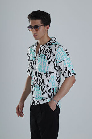 Erkek Grafiti Desenli Turkuaz Hawai Gömlek COC1151